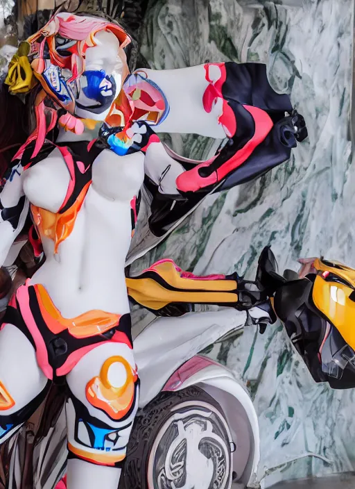 Image similar to extremely beautiful photo of a white marble statue of an anime girl with colorful motocross logos and motorcycle helmet with closed visor, colorful smoke in the background, carved marble statue, fine art, neon genesis evangelion, virgil abloh, offwhite, denoise, highly detailed, 8 k, hyperreal