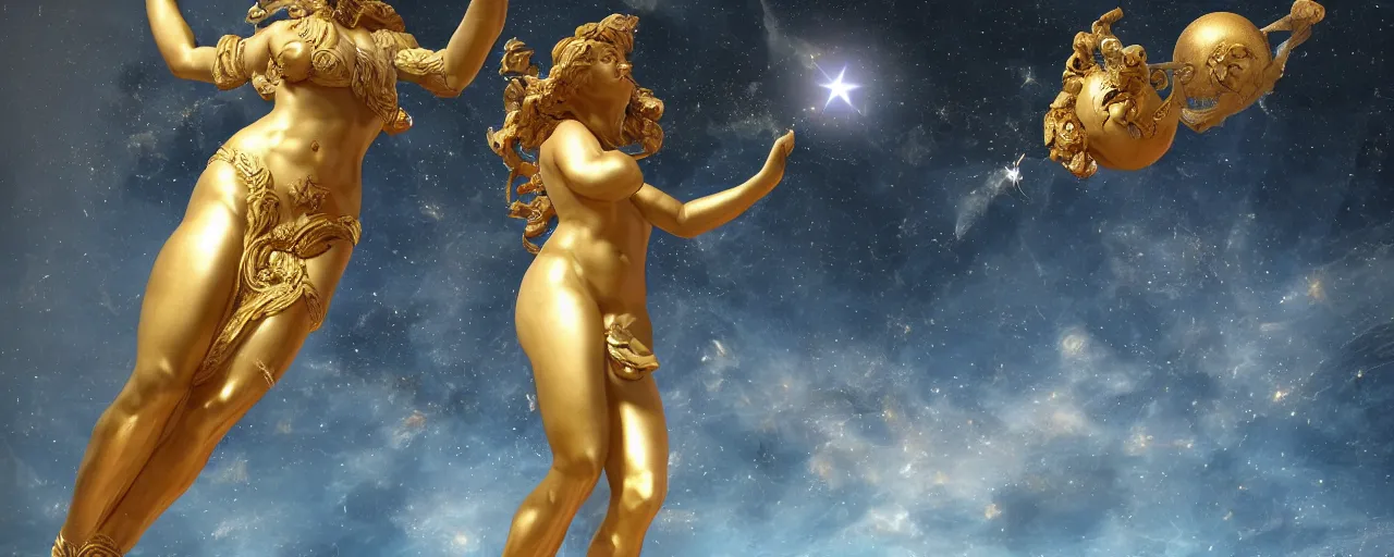 Prompt: venus, athena, beautiful, gracious, baroque, black marble and gold, space, sistina, stars, puffy clouds, tilt shift, 3 d style light refraction, real texture effect, extremely detailed, render, artstation