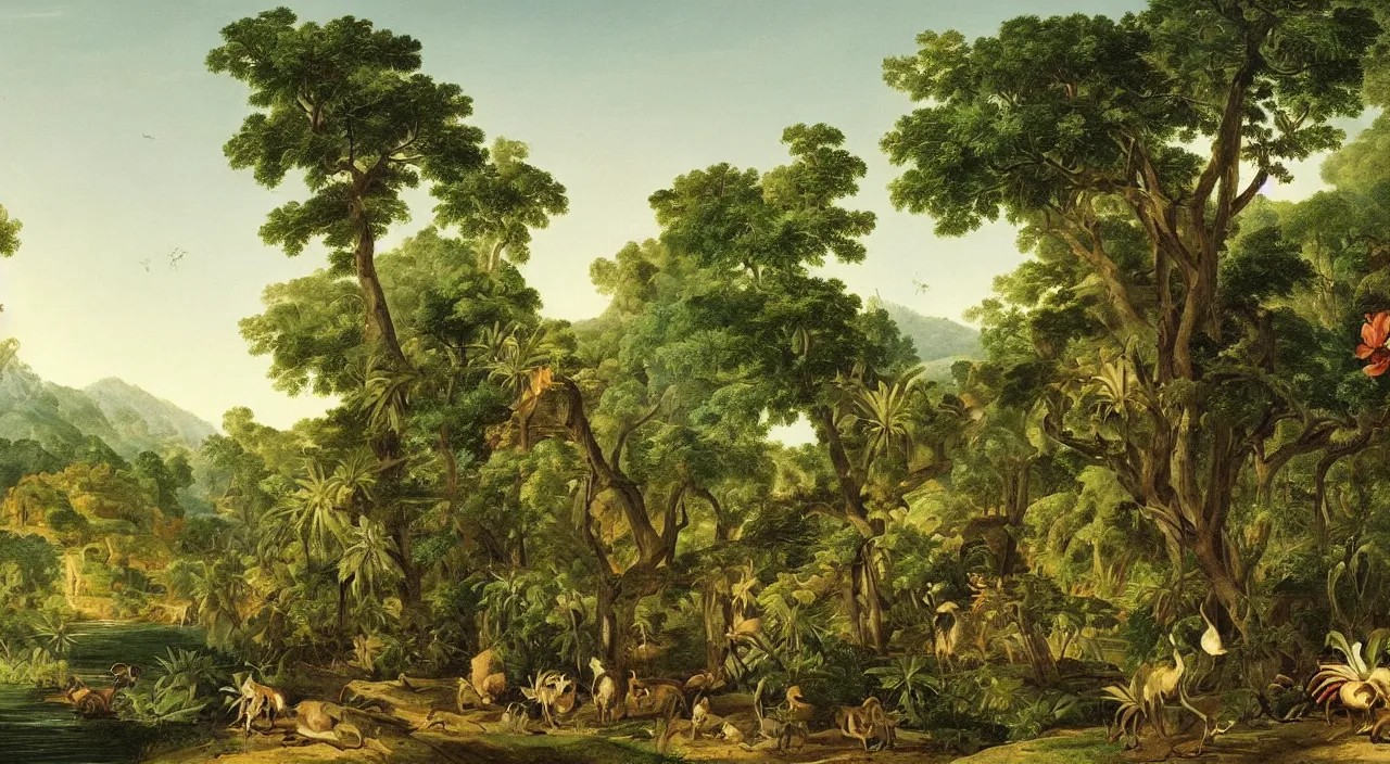 Image similar to a beautiful painting of tropical plants and animals, by asher brown durand