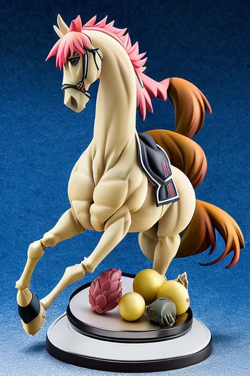 Prompt: still high quality figurine of horse jojo, tsurime eyes, tareme eyes, personification, dynamic pose, detailed product photo, featured on amiami, tone mapped, beautiful composition, 8 5 mm, f. 1 4