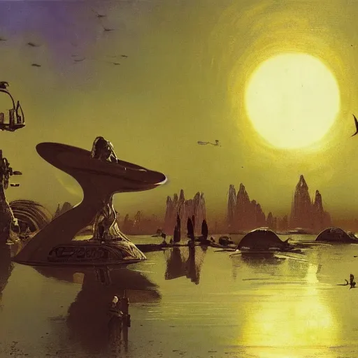 Prompt: painting of syd mead artlilery scifi organic shaped astronaut with ornate metal work lands on a pond with swans, fossil ornaments, volumetric lights, purple sun, andreas achenbach