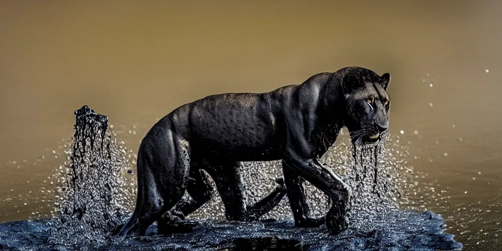 Image similar to a black lioness, made of ferrofluid, bathing inside the lake of tar, full of goo, covered with ferrofluid. dslr, photography, realism, animal photography, color, savanna, wildlife photography