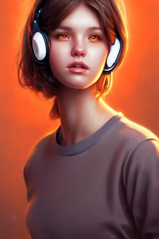 Prompt: girl looking to the left, wearing beats headphones. short brown hair, white jumper. lit from the right side, orange light, highly detailed face, digital art masterpiece, smooth. artgerm jesper ejsing!
