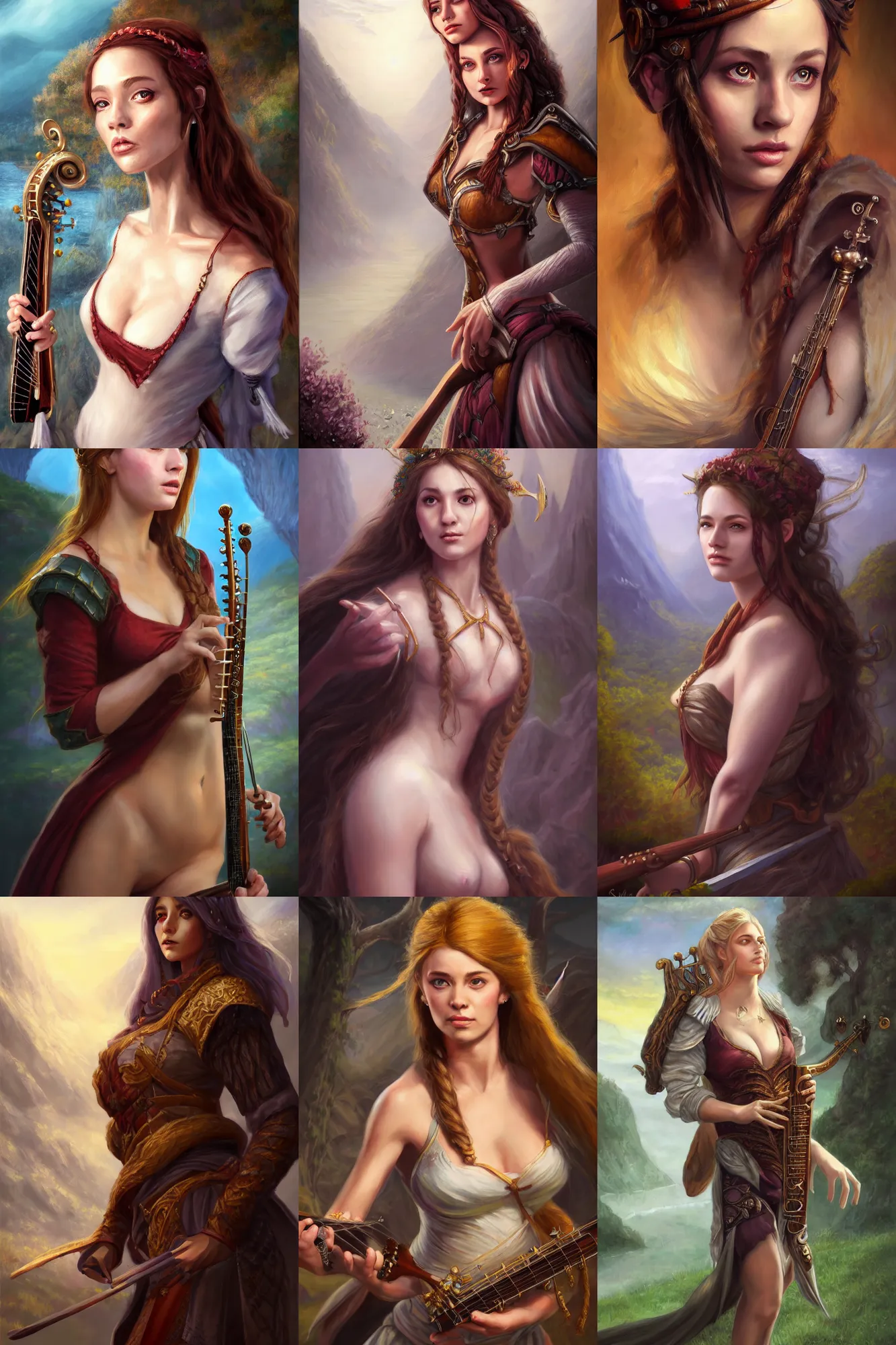 Prompt: a full body high detail fantasy portrait oil painting illustration of a single beautiful female bard by justin sweet with face and body clearly visible, in a scenic background, pretty eyes, realistic proportions, d & d, rpg, forgotten realms, artstation trending, high quality, sombre mood, artstation trending, muted colours, entire person visible!