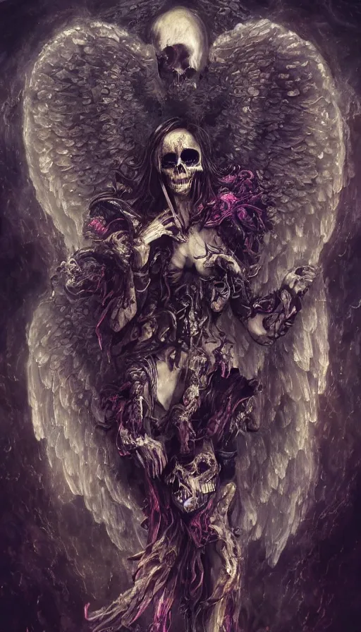 Image similar to painting of an ominous creepy dramatic bright angel of death with many skulls in dark clouds, full-body portrait, highly detailed, ornate and elegant, rococo, fantasy, traditional art, gothic, abstract art, surrealism, concept art, vaporwave, synthwave, ambient, retro, futurism, pixel sorting, glitch art, on artstation