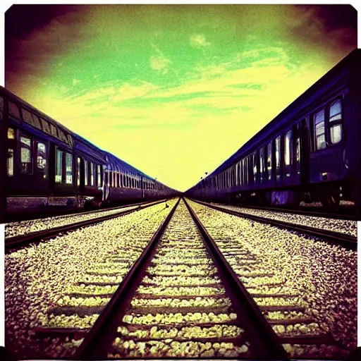 Image similar to “a train laying tracks as it travels, surreal, photrealism, 3D”