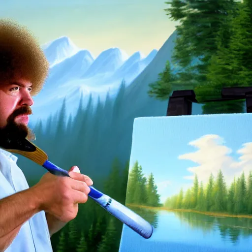 Image similar to a closeup photorealistic photograph of bob ross working on an image of kenny powers baseball bat paintbrush on a canvas. mountains and trees. film still. brightly lit scene. this 4 k hd image is trending on artstation, featured on behance, well - rendered, extra crisp, features intricate detail, epic composition and the style of unreal engine.