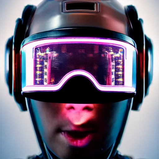 Prompt: Photo of robot with 20yo girl inside, LEDs visor helmet, proﬁle pose, bust shot, high detail, studio, black background, smoke, sharp, cyberpunk, 85mm Sigma Art lens,