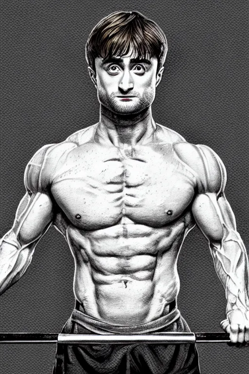 Image similar to highly detailed rendering of Daniel Radcliffe as Harry Potter doing barbell back squats, dingy workout gym, wearing a muscle tee shirt, muscular deep squats, symmetrical, highly detailed, digital painting, artstation, concept art, smooth, sharp focus, illustration, cinematic lighting, art by artgerm and greg rutkowski and alphonse mucha