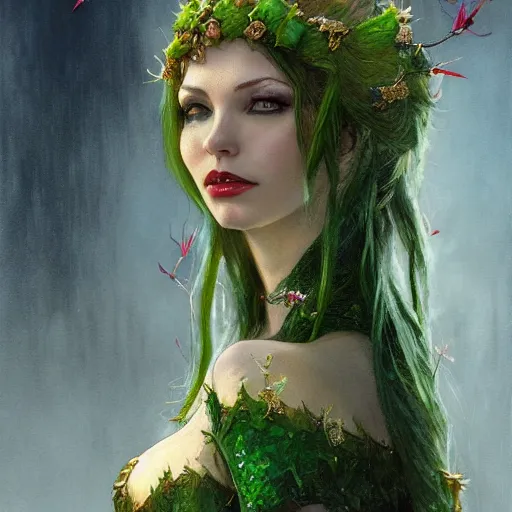 Image similar to a beautiful and detailed matte painting of poison ivy dressed as an elf queen, fantasy, d & d, dark eyeliner, intricate, elegant, highly detailed, digital painting, artstation, concept art, matte, sharp focus, illustration, art by greg rutkowski and alphonse mucha