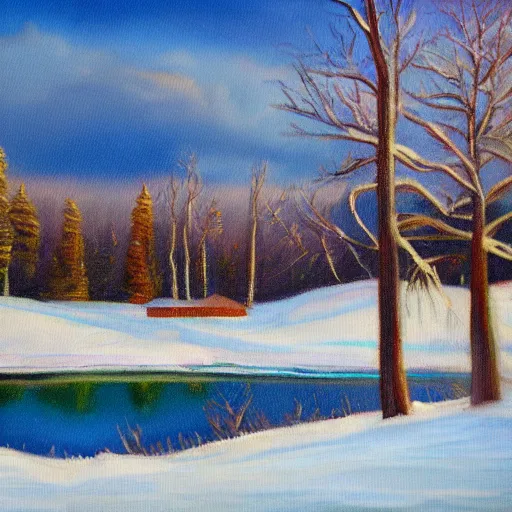 Prompt: an oil painting of a lake house in winter