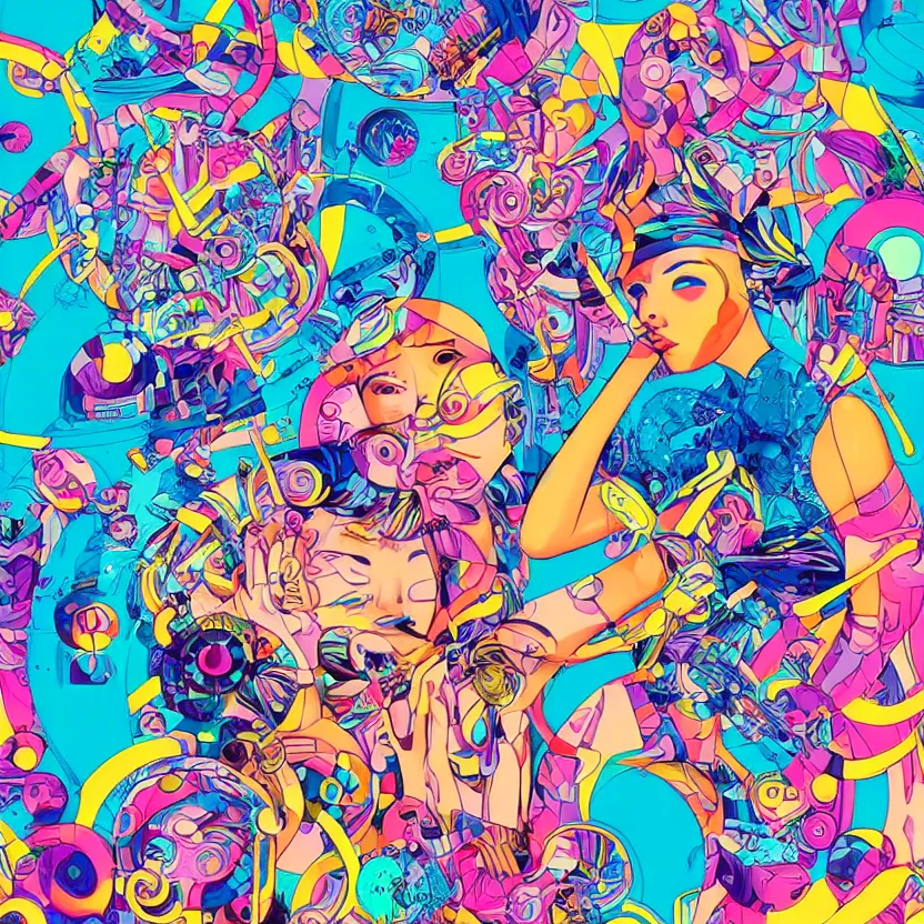 Image similar to futuristic disco, colors and shapes by tristan eaton and james jean, chiho aoshima color scheme