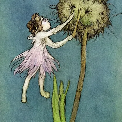 Image similar to a beautiful fairytale painting of a dandelion seed that is also a fluffy fairy. the dandelion seed is the body of the fairy. beautiful clear painting by arthur rackham