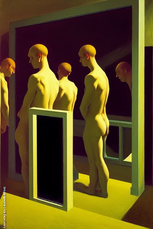 Image similar to group of men watching another man through a one sided mirror, edward hopper and james gilleard zdzislaw beksisnski higly detailed