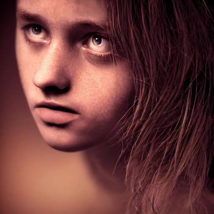 Prompt: dramatic photographic Close-up face of a extremely beautiful girl and light brown hair , high light on the left, non-illuminated backdrop, illuminated by a dramatic light, volumetric light, Low key lighting, light dark, High constrast, dramatic , Steve Mccurry, Lee Jeffries , Norman Rockwell, Craig Mulins ,dark background, high quality, photo-realistic, 8K,