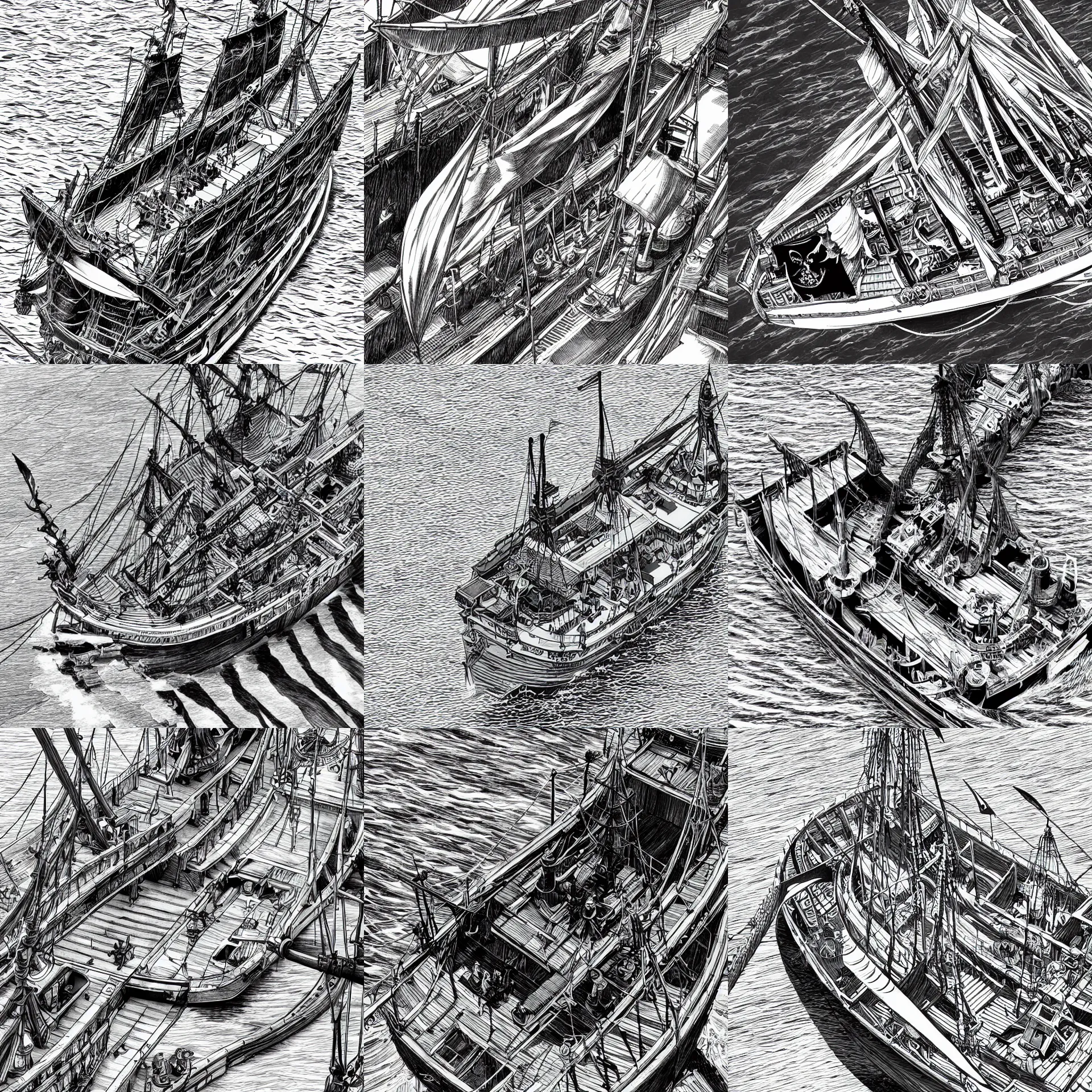 Prompt: highly detailed ink illustration, high angle shot of the main deck of a pirate ship as it sails through a calm sea, b & w clean shaped hyperrealistic illustration by kim jung gi