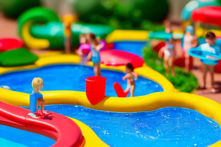 Image similar to fisher price public pool, california, in 2 0 1 5, perfect sharp focus, scene from tv show hyper detailed 5 5 mm 8 5 mm, toy photography, made out of plastic