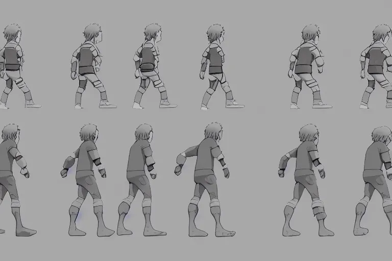 Prompt: a reference sheet containing of a hero running by ghibli studio, front back view and side view, proportions, sprite sheet, running cycle, ready to model,