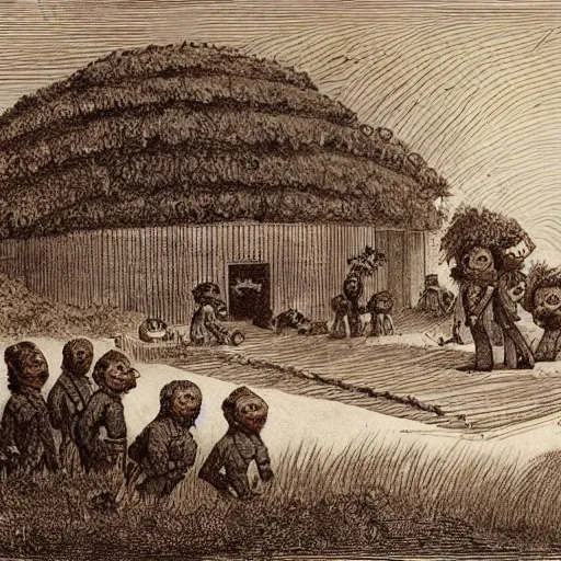 Prompt: an anthill the shape of a school drawn by charles bowater