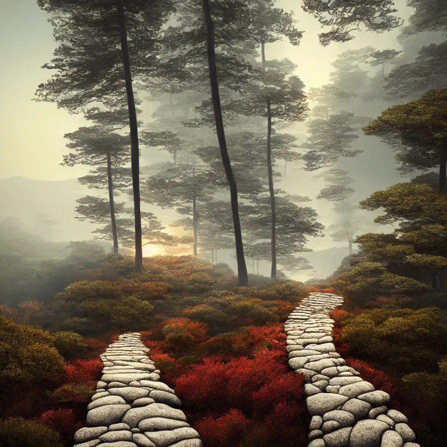 Image similar to surrealist abstract rendering of a stone path leading down the horizon through giant pine forests down a rocky mountain coast towards a majestic sunset. atmospheric foggy landscape, soft tones, psychedelic, ultra realistic, concept art, modern art, photorealistic, octane render.