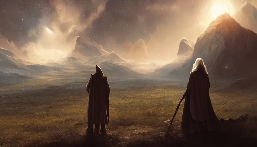 Prompt: a beautiful painting of gandalf watching the night sky of an alien world, ray traced lighting by jean kalin popov and greg rutkowski