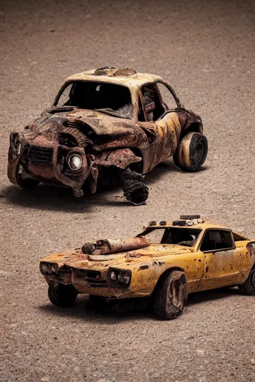 Prompt: Kodak portra 160, 8K, highly detailed, portrait, focus on face, tilt shift: famous french artist in low budget mad max movie remake, car chase scene