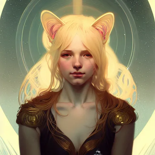 Image similar to Portrait of a girl angel with blonde hair, cat ears, glowing halo, wings, fantasy, intricate, elegant, highly detailed, digital painting, artstation, concept art, smooth, sharp focus, illustration, art by Krenz Cushart and Artem Demura and alphonse mucha