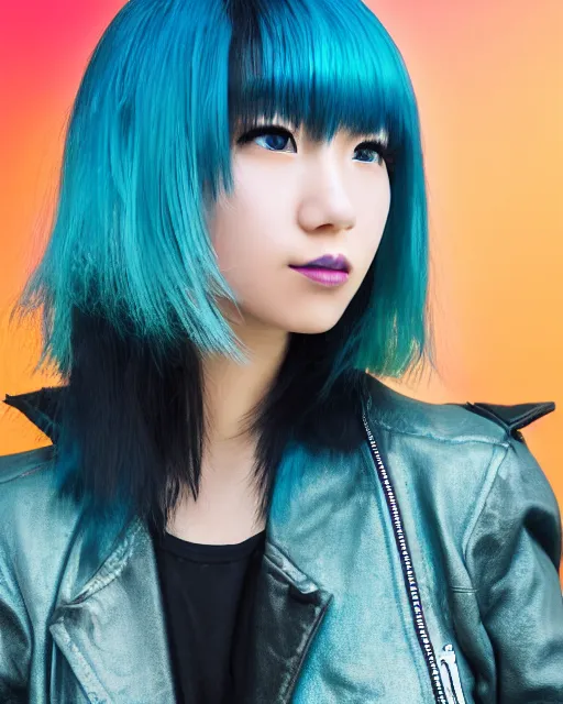 Image similar to Hyper realistic Portrait of a beautiful Japanese Cyberpunk girl, glowing teal hair bob haircut, bangs, Spiked blue leather jacket