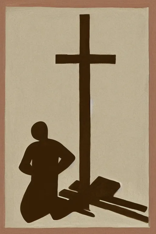 Image similar to man kneeling on the ground in front of a wooden cross, 1960’s minimalist advertising illustration, painterly, expressive brush strokes