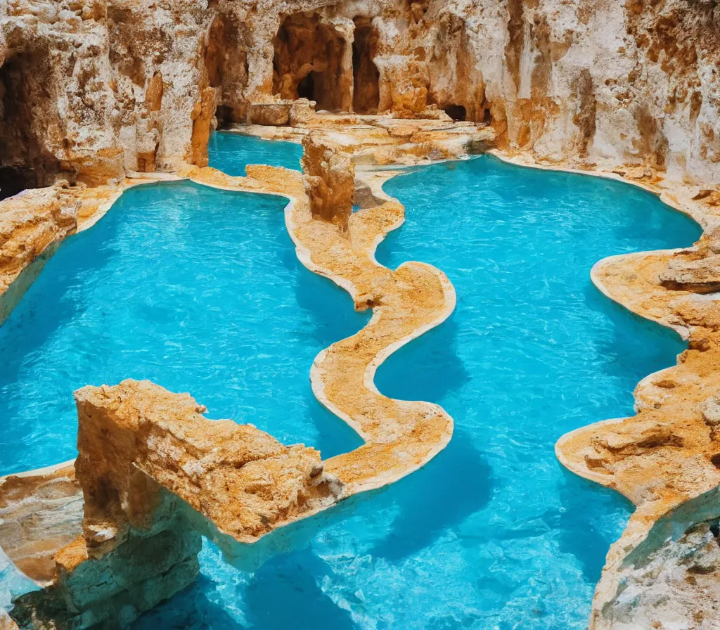 Image similar to travertine pool golden palace, bright blue water, bright mid day, professional photography, travel, architecture, high detail, dreamy