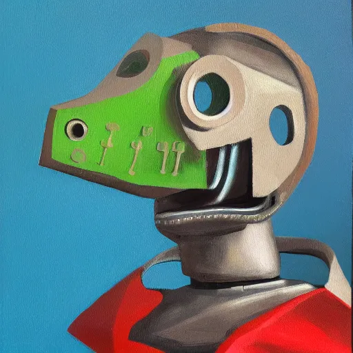 Image similar to half robot half dinosaur, oil painting