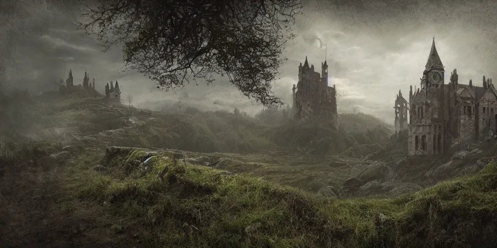 Image similar to matte painting, castle, dramatic landscape, overgrown, cinematic, overcast, lantern light, rain