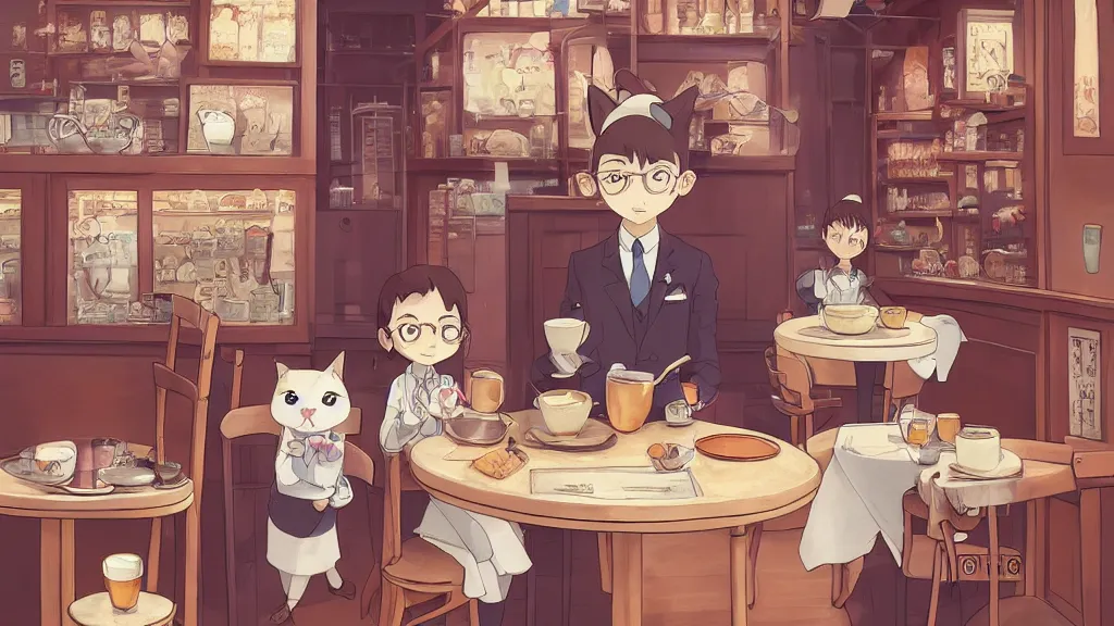 Image similar to a highly detailed portait of a cute little anthropomorphic cat barista wearing a suit in a parisian coffee shop by studio ghibli, tiny, small, cute and adorable, pretty, beautiful, character art portrait, matte painting, Artstation