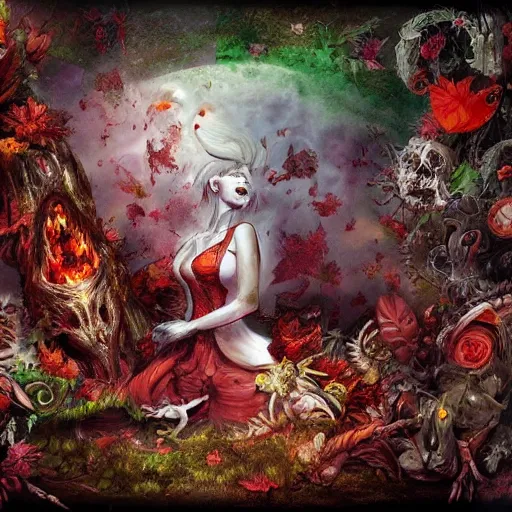 Image similar to Hell and heaven, captured in bottles, a heart full of envy, The Autumn Plague Gardener, the theme of Alice in Wonderland, digital painting, its softness partakes of fluidity, illustration, deep dark, artstation, intricate, biodiversity in a world of change and constancy, ue5, by deiv calviz and bossmonsterbani