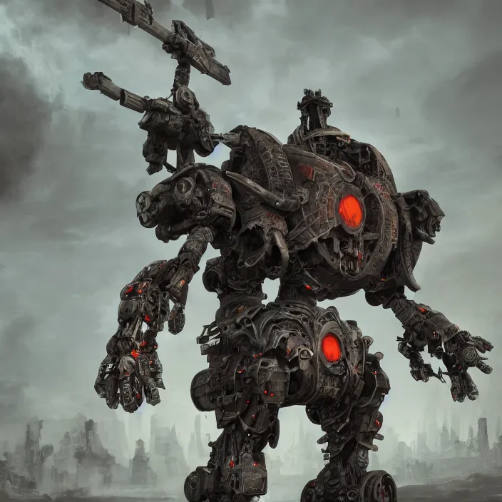 Prompt: mech warrior bot, hyper - detailed, octane render, sharp focus, 4 k ultra hd, fantasy dark art, apocalyptic art