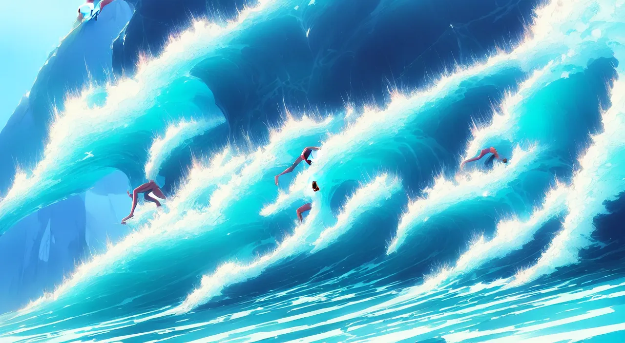 Image similar to large beautiful surfing waves, in marble incrusted of legends official fanart behance hd by jesper ejsing, by rhads, makoto shinkai and lois van baarle, ilya kuvshinov, rossdraws global illumination