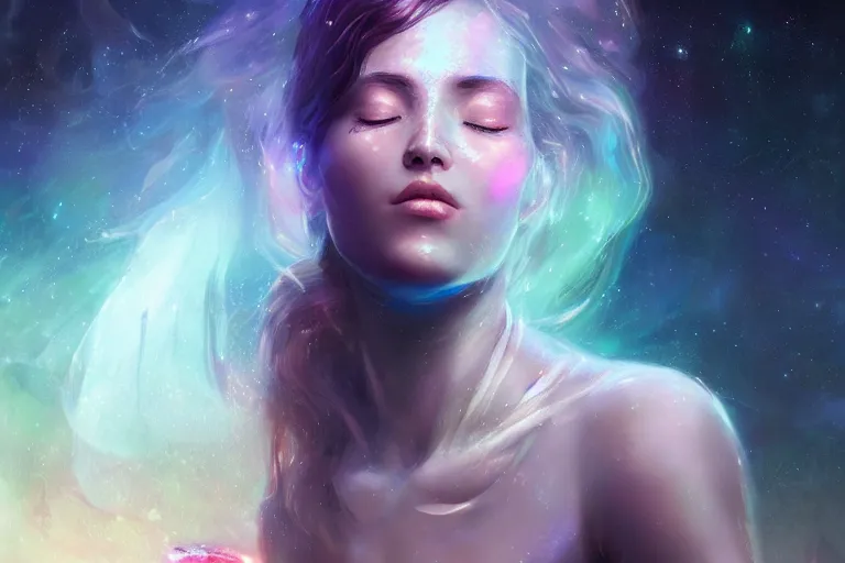 Image similar to a beautiful portrait of a female goddess with closed eyes, galaxy theme colors, galaxy theme colors, ultra realistic digital art by Greg Rutkowski and Raymond Swanland, Trending on Artstation, ultra realistic digital art, ultra realistic digital art