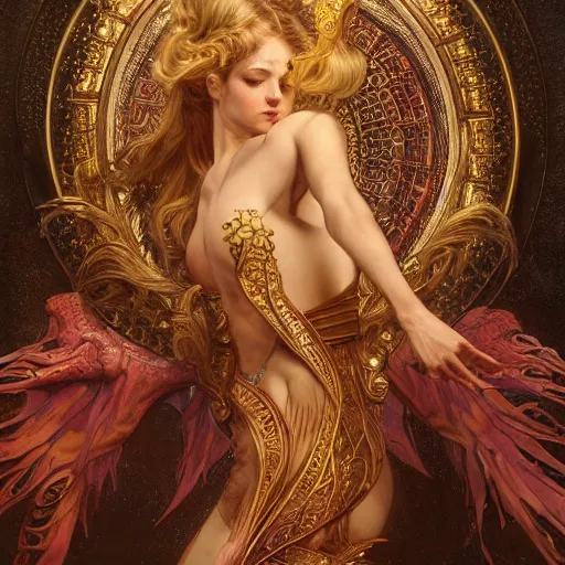 Image similar to a a very detailed stunning dynamic pose full body of a celestial goddess of the dragons, intricate, 8k highly professionally detailed, hdr, CGSociety, dark fantasy, dynamic lighting, cinematic, pristine, smooth, cosplay, elegant, sharp focus, a very detailed art by alphonse mucha and greg rutkowski,
