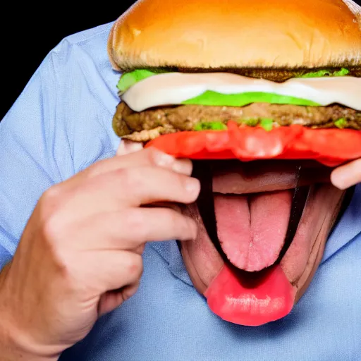 Image similar to photo still of donald trump! licking! a burger with his! tongue! out, mmmmm, studio portrait photo, studio lighting, rim light, key light, food photography, 3 5 mm f 1. 8