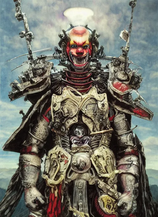 Prompt: portrait of a diabolical cyborg clown samurai, torn cape, adaptive armor, dynamic pose, heavy eyes to the side, ancient ruins, glowing veins subsurface scattering, in clouds, sunset, portrait, by gerald brom, by mikhail vrubel, by peter elson, muted colors, extreme detail, reflections, trending on artstation, 8 k