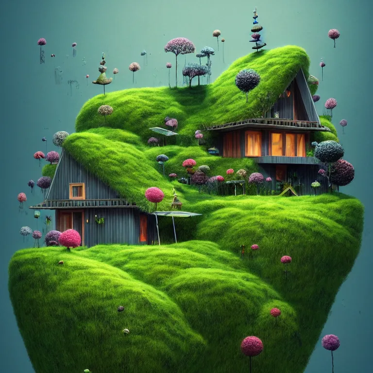 Image similar to tiny house by kengo kuma on island sea cloud surreal art by gediminas pranckevicius geof darrow jason naylor, dark shadows, hard lighting, floralpunk flower green plants garden, inking etching screen print, masterpiece artstation, sharp, colorful high contrast hd, 8 k hyper detailed, octane render