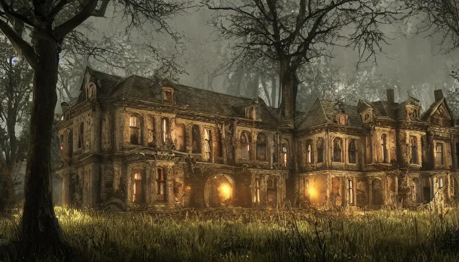 Image similar to abandoned manor in a dark wood, fps game view, hyperdetailed, artstation, cgsociety, 8 k