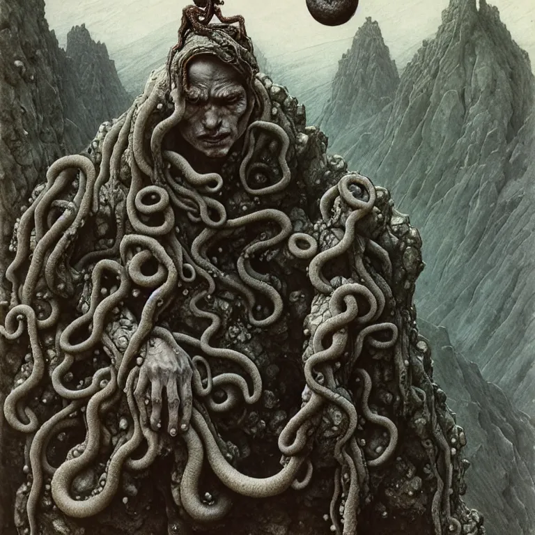 Prompt: A detailed gray-eyed tentacleheaded human stands among the mountains with a pebble in hands. Wearing a ripped mantle, robe. Extremely high details, realistic, fantasy art, solo, masterpiece, art by Zdzisław Beksiński, Arthur Rackham, Dariusz Zawadzki