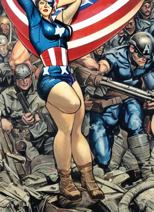 Image similar to beautiful female captain america standing on a pile of defeated, beaten and broken german soldiers. feminist captain america wins wwii. american wwii propaganda poster by james gurney. gorgeous face. overwatch. ralph bakshi