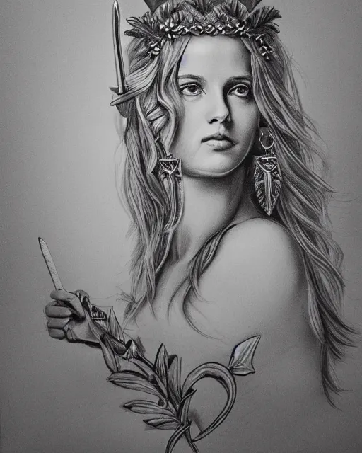 Image similar to long shot realism pencil drawing of the beautiful greek goddess aphrodite wearing a laurel wreath and arrowhead earrings, beautiful confident eyes, beautiful flowing hair, hyper realistic face, in the style of artgerm, fantasy, amazing detail, epic, elegant, smooth, sharp focus, from the front