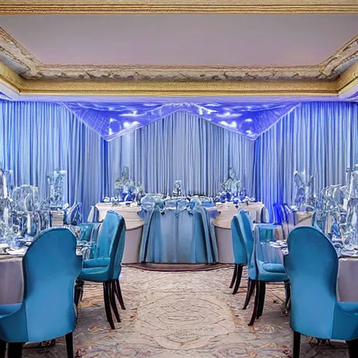 Image similar to a beautiful and elegant room designed with a combination of baroque and nanotechnology styles, large blue gem centerpiece, high tech features, complimentary colors