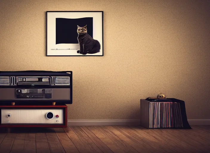 Image similar to photography of a Cat sitting on a record player. in a room full of vinyls and posters out of the 70's, photorealistic, raining award winning photo, 100mm, sharp, high res