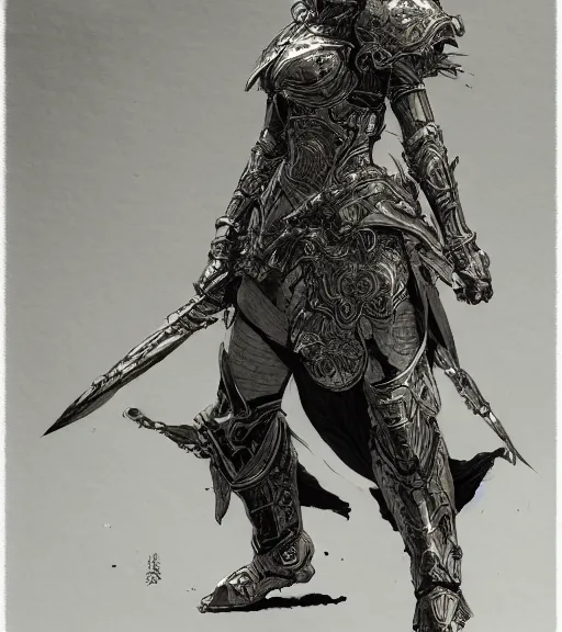 Image similar to anime woman in armor, pen and ink, intricate line drawings, by craig mullins, ruan jia, kentaro miura, greg rutkowski, loundraw