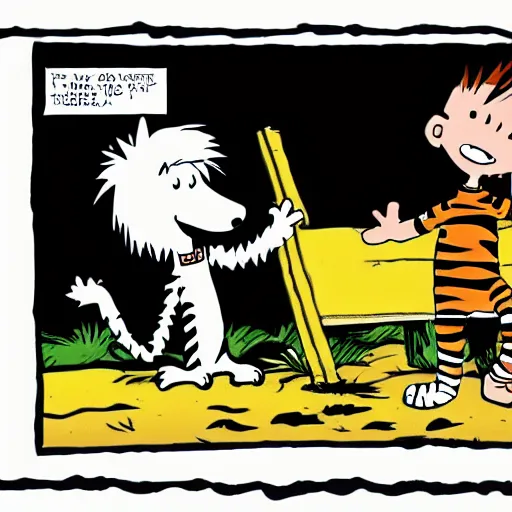 Image similar to Calvin and Hobbes in the style of Bill Waterson, single panel, full colour,