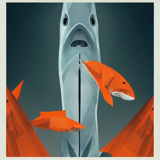 Image similar to great white shark with a conical orange traffic cone orange traffic cone orange traffic cone for a dorsal fin - ron cheng & alphonse mucha, highly detailed, digital painting, ray tracing, concept art, illustration, smooth sharp focus, intricate, symmetry, artstation,